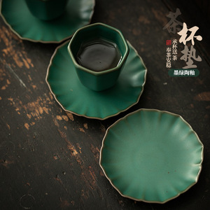 Sous-verre en céramique vert foncé, tapis rond isolant thermiquement pour accessoire de cérémonie du thé Dehua - Product Image 2