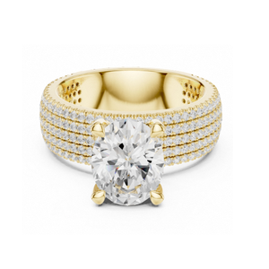 Anillo de Diamantes Ovalado de Lujo en Oro Amarillo Sólido con Múltiples Hileras de Pavé, Banda Gruesa, Joyería Nupcial, Anillo de Compromiso Elegante - Product Image 1