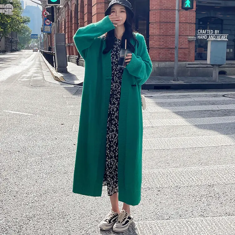 Long knitted women cardigan Sweater v neck oversize plus big pockets thick winter green coat