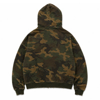 Sweat à capuche zippé pour homme en coton épais 100% avec imprimé camouflage, bords bruts vieillis, style streetwear, coupe oversize, sérigraphie vintage