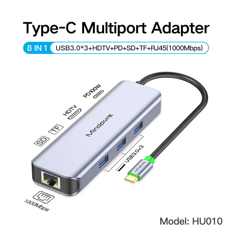 Gray-8 in 1 USB3.0*3+HDTV+PD+SD+TF+Gigabit