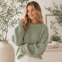 Pull en tricot épais personnalisé pour femme, col rond, manches lanternes, coupe ample, pull décontracté pour femme, OEM ODM