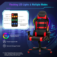 Chaise de jeu LED multicolore avec télécommande, modes RGB, en cuir PU, inclinable, massage, coussin lombaire, accoudoirs réglables