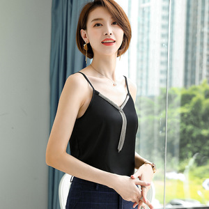 Women's V Neck Sleeveless Camisole Top With Tassel Detail Solid Color Polyester Blouse For Office Wear - Product Image 2