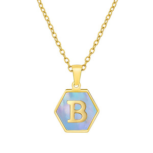 Zogxin Hexagon Pendant Necklace Stainless Steel Blue Shell Letter <b>Initial</b> Jewelry For Women - Product Image 5