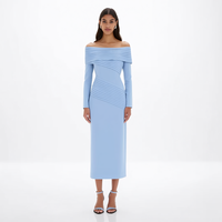 Robe crayon midi chic et élégante pour femme, bleu poudré, à épaules dénudées, côtelée, à manches longues, style Bardot, personnalisée, idéale pour le bureau et les rendez-vous.
