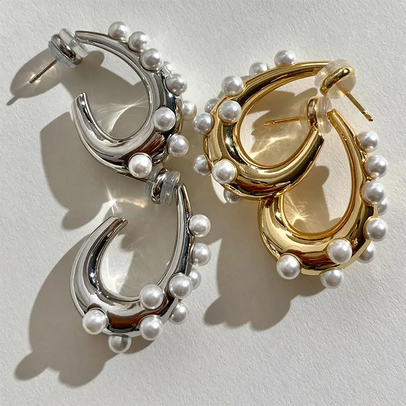 Hot selling 18k gold plated stainless steel pearl hoop earring jewelry chunky U shape vintage pearl earrings for women