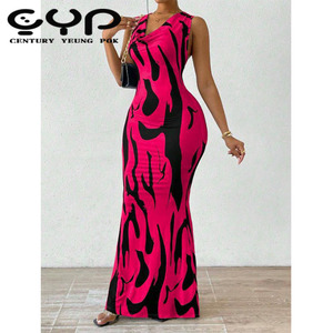 ग्रीष्मकालीन गुणवत्ता वाली महिला बॉडी प्रिंट ड्रेस ब्लैक प्रिंट ड्रेस महिलाओं के लिए नए फैशन वी-गर्दन सेक्सी स्लीवलेस मैक्सी ड्रेस - Product Image 1