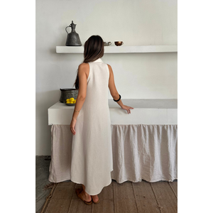Vestido de Lino sin Mangas con Cuello Camisero, Blanco, Casual, Largo Midi, Vestido de Verano para Mujer - Product Image 1