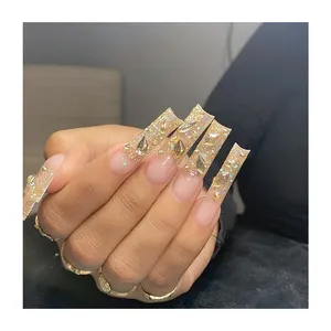 Extra Long Coffin Faux Nails Nude Color Mirror Nails Tips Handmade 3D Jewel Glitter Stick Tabs Art Artificial Press On Nails