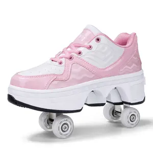 مبيعات من المصنع مباشرة أحذية تزلج دوارة بأربع عجلات 2 في 1 أحذية رياضية دوارة للنساء أحذية للأطفال بتصميم قابل للتغيير والطي