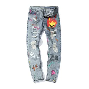 Celana Jins Ketat Denim Kurus untuk Pria, Celana Jins Ketat Denim Kurus Motif Grafiti Motif Baru untuk Pria