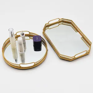 Home wedding holiday gift jewelry display storage tray Golden round rectangular hollow metal frame mirror luxury tray