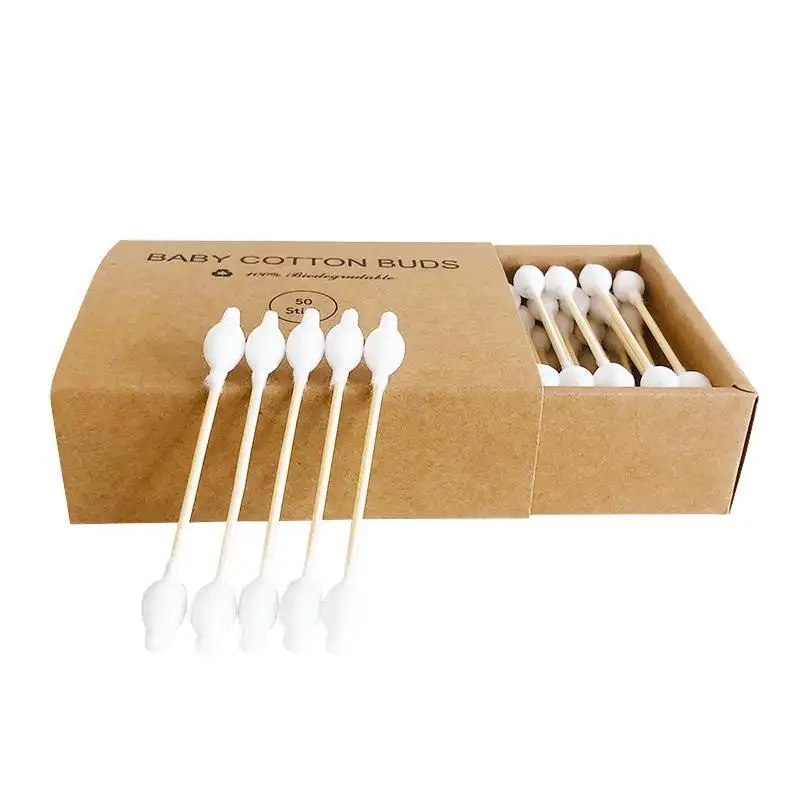 Hot sell Paper Wooden Biodegradable Container Pure Cotton johnsons Baby swabs Cotton Bamboo Stick Makeup Cotton Buds