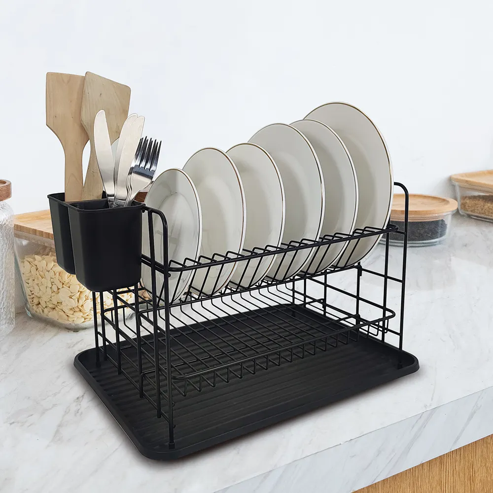 Hot Selling Metal Dish Drying Rack Tableware Storage Shelf Durable 2-Tier Black Wire Kitchen Dish Racks