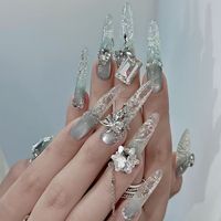 Uñas Postizas de Lujo Hechas a Mano, Francesas, 3D, con Diseño de Ojo de Gato, Tacones de Aguja Largos, Estilo Ataúd, Patrón de Hielo Triturado, ABS