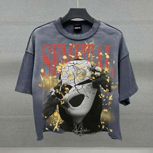 Venta al por mayor ropa de calle diseñador Boxy camiseta personalizada de gran tamaño bordes sin procesar lavado ácido camiseta estampado recortado gráfico camisetas de los hombres - Product Image 3