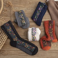 Vintage japonais mi-mollet Jacquard Pile chaussettes pour femmes Floral Long Crew chaussettes automne hiver chaussettes ethniques