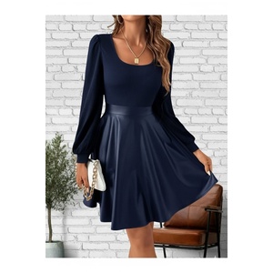 Women's Navy Blue Leather Skirt Dress Long Sleeve A Line Cocktail Dress - Product Image 1