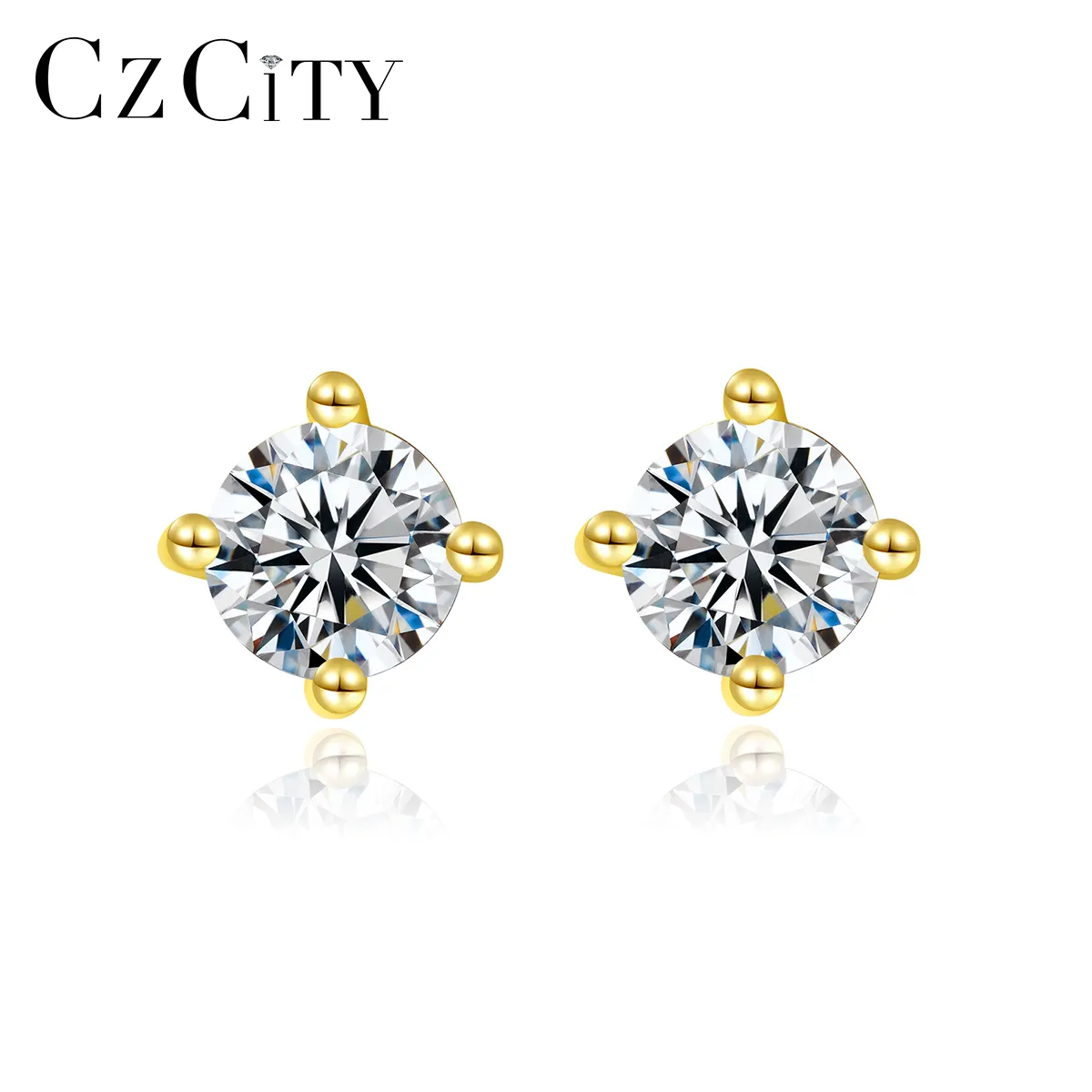 CZCITY Fashion Gold Small Earring Cubic Zirconia 14K Gold Plated Silver 925 Sterling CZ Stone Woman Stud Earring