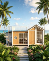 Maisonnette modulaire préfabriquée à toit en pignon avec panneaux imitation bois, escalier en colimaçon et terrasse sur le toit, idéale pour les villas de vacances en bord de mer.