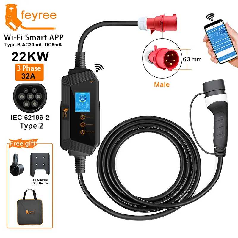 Feyree 22KW 32A3フェーズType2ポータブルEV充電器Wi-FiAPPコントロールEVSE充電ボックス電気自動車充電器用充電ステーション