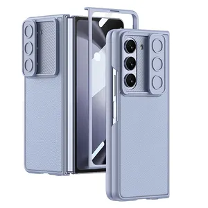 슬라이더 카메라가있는 가죽 케이스 z 폴드 5 휴대 전화 케이스 갤럭시 Z 폴드 5 용 슬림 백 커버