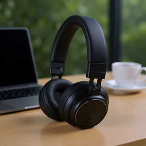 Auriculares Bluetooth sobre la oreja, de cuero negro, con sonido de alta fidelidad, control de volumen táctil, para yoga, deportes y uso en la oficina - Product Image 2