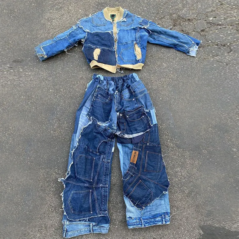 DIZNEW Men's denim suit Custom blue patchwork jeans and jacket two piece of street wear acid-washed loose denim set for men