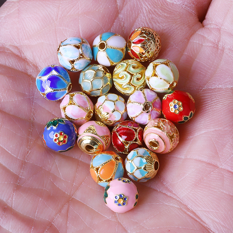 Hollow Round Flower Pattern Cloisonne Beads 8mm Gold Enamel Matte Brass Spacer Beads for Jewelry Making Findings