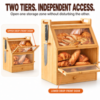 Boîte à pain en bambou à 2 niveaux avec portes magnétiques en acrylique, porte-couteaux et tiroir, grand bac de rangement pour pain de comptoir de cuisine, style ferme
