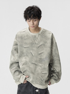 2025 mùa thu và mùa đông mới đến: phim hoạt hình hình học thư trên tất cả các in Hoodie-Đường Phố hợp thời trang, lỏng lẻo & giản dị CREW NECK TOP - Product Image 1