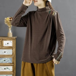 Women's Long Sleeve High Neck Top Autumn Winter Chinese Style Embroidery Velvet Base Shirt Brown Green Black - Product Image 2
