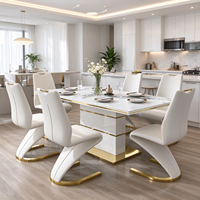 Ensemble de table et chaises de salle à manger en marbre de luxe, plateau en pierre frittée avec base en acier inoxydable doré, meubles de salle à manger