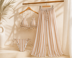 Striped Halter <b>Bikini</b> <b>Set</b> Sheer Beach Pants Swimwear <b>Triangle</b> Two Piece Swim Outfit - Product Image 3