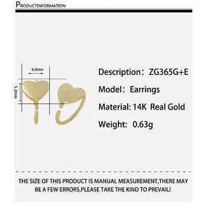 Hoge Kwaliteit 14K Real Gold Stud Oorbellen Klassieke Luxe Sieraden Set Geel Gouden Hart Vormige Oorbel