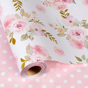 Pink Floral Wrapping <b>Paper</b> 47.23 Sq Ft Reversible Gift Wrap For Birthday Valentine Mothers Day Graduation Craft - Product Image 1