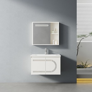 Meuble <span class=keywords><strong>de</strong></span> salle <span class=keywords><strong>de</strong></span> bain en acier inoxydable multi-niveaux, minimaliste, résistant à la corrosion, avec miroir et lavabo, pour hôtel - Product Image 1