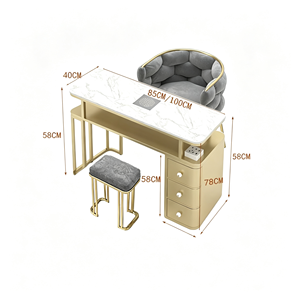 Table de manucure de luxe en métal doré avec plateau en marbre, poste de travail pour technicien des ongles, bureau de travail avec tiroirs de rangement pour salon de beauté - Product Image 4