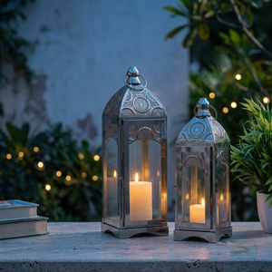 Wholesale <b>Silver</b> Metal Moroccan Style Candle Holder <b>Lantern</b> for Home and Events Decorations - Product Image 2