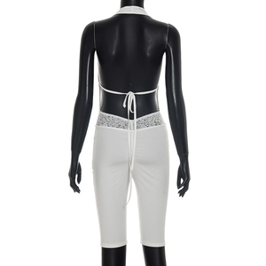 Viviblook J26JP216 Mono de verano para mujer, sexy, sin mangas, con cuello halter, espalda descubierta, con cordones, cuello en V profundo, cintura con patchwork de encaje, de una pieza - Product Image 3