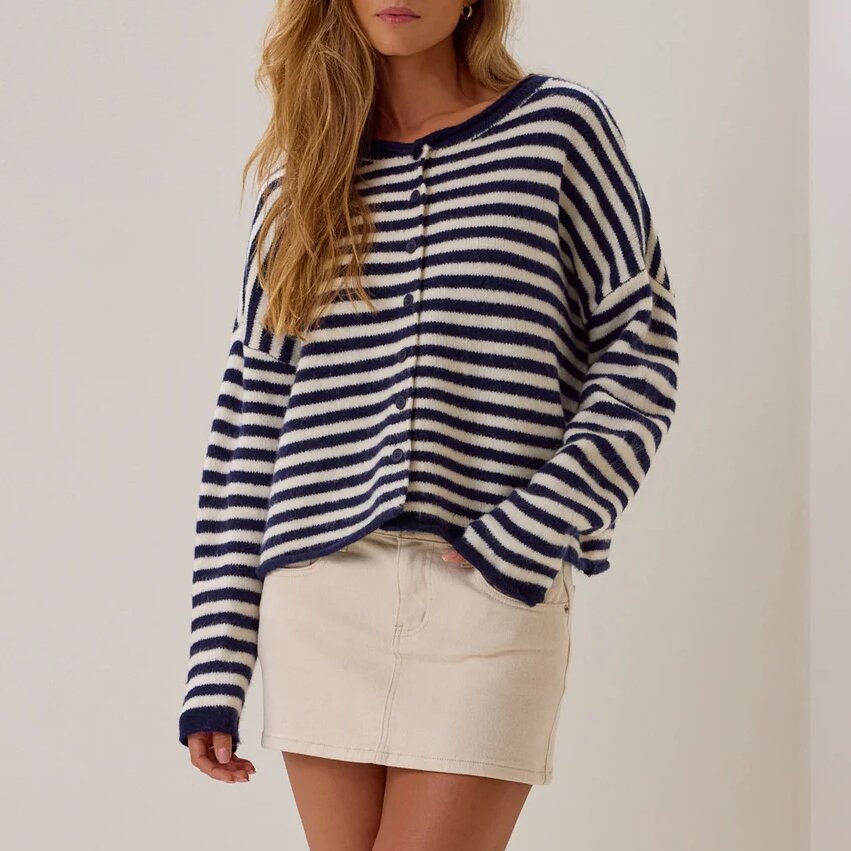 Custom Women's Stripe Crew Neck Button Down Drop Shoulder Loose Cropped Long Sleeve Soft Knitted Cardigan Sweater Manufacturer