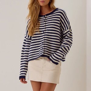 Fabricant de cardigan en tricot doux à rayures pour <span class=keywords><strong>femme</strong></span>, col rond, boutonné, épaules tombantes, coupe ample, manches longues, style court - Product Image 1