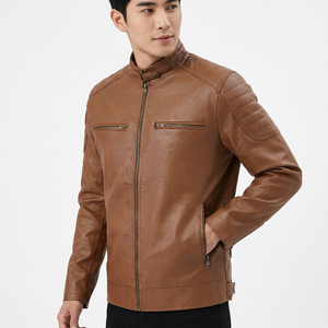 Chaqueta de cuero marrón para hombre, estilo motociclista, con cuello alto, cierre de cremallera, corte ajustado, para otoño, estilo Cafe Racer. - Product Image 3