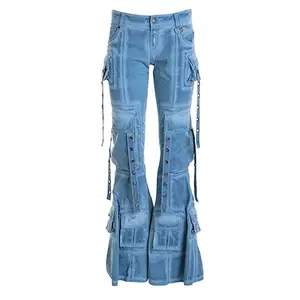 YK2 Style Regular Fit Cargo Pocket Denim Jeans For Women Blue Washed Flared Jeans With Metal Rings