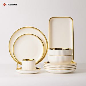 Assiettes de restaurant avec bord doré, bols en céramique, assiettes en céramique en gros, vaisselle de table - Product Image 1