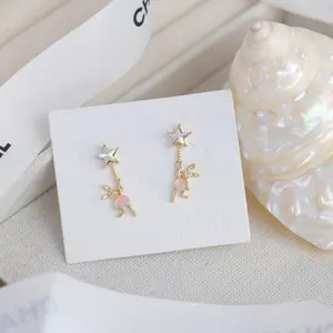 B016 Designer's Colorful Diamond Star-shaped Earrings with Pink Cat's Eye and Rabbit Design, Small and Delicate Ear Studs for St