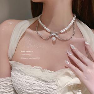 Daihe Fashion Koreaanse Boog Parel Ketting Multi Layer Zirkoon Parel Claviculaire Ketting Ketting Voor Vrouwen - Product Image 6