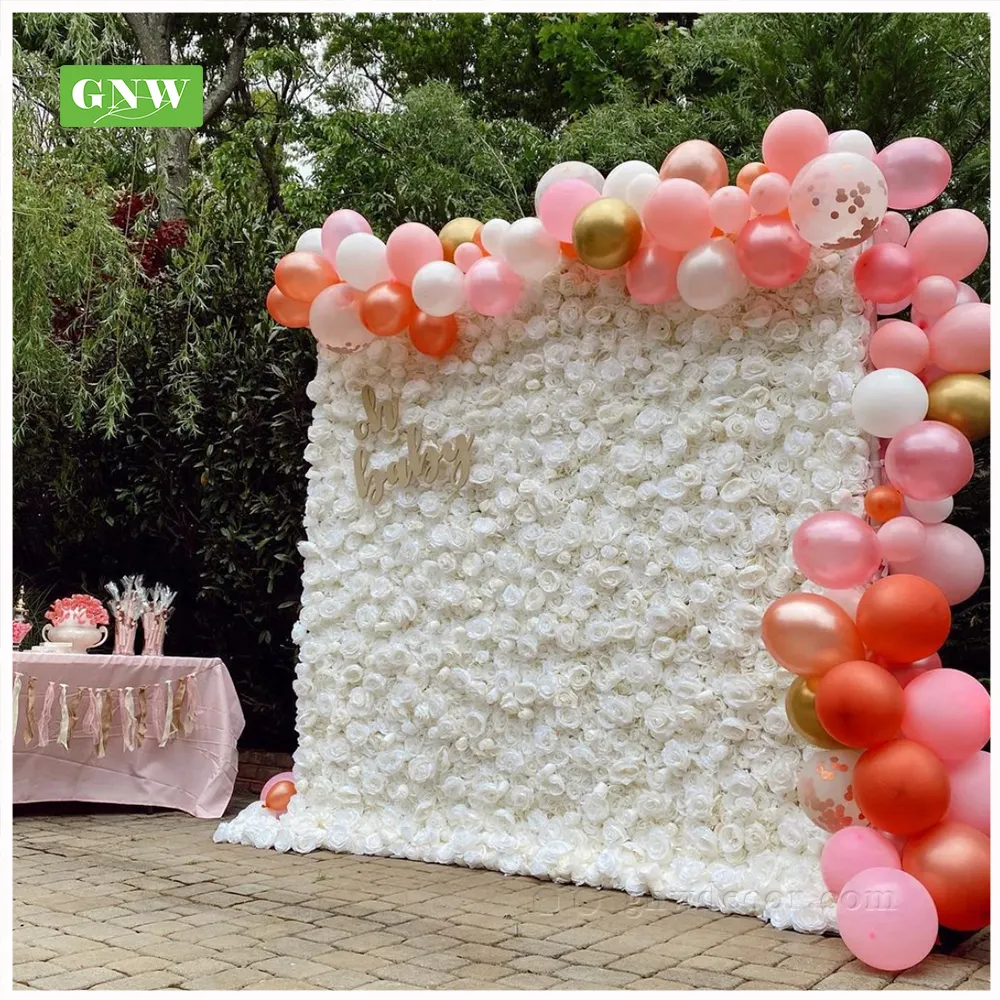 Cheaper flower wall GNW all white rose christmas flower wall backdrop wedding flower runner