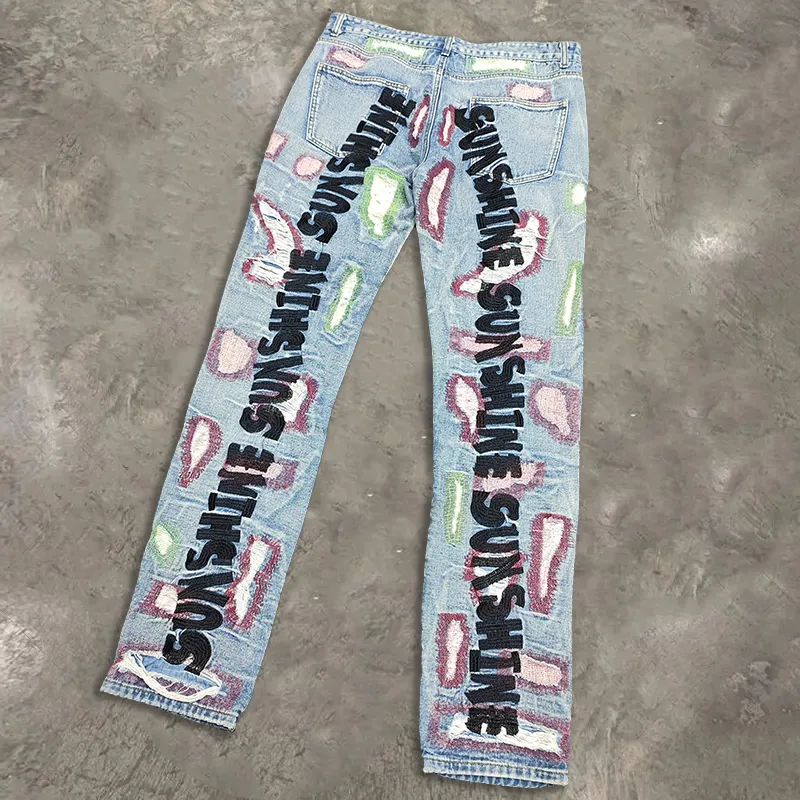 Street Wear Brown Distressed Embroidered Flare Jeans Urban Patch Men Hip Hop Washed Denim jeans Men